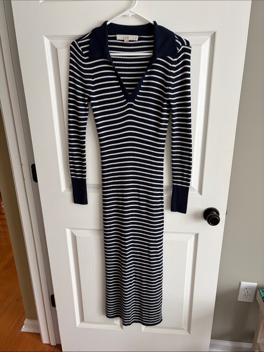 LOFT Navy and White Striped Long Sleeve Polo Midi Dress